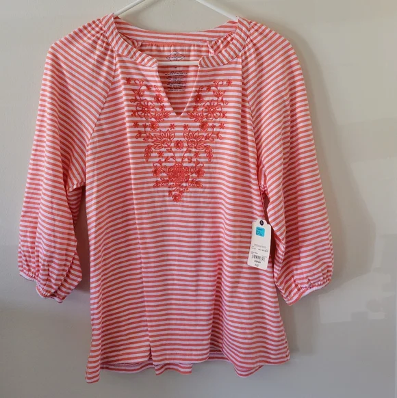 St Johns Bay Coral Striped Embroidered Top New - Picture 2 of 7